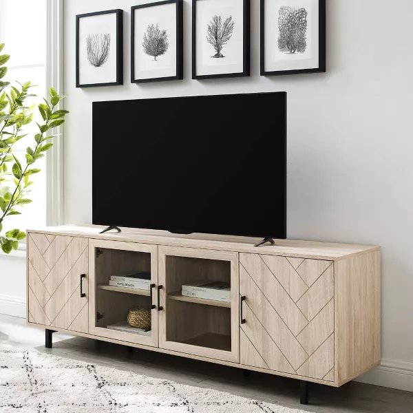 Beige wood 70 inch tv stand with herringbone design and 4 doors