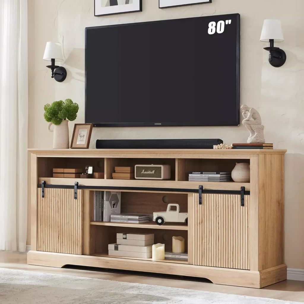 70 inch TV stand with sliding doors, beige wood