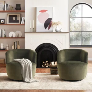 Velvet, olive green, set of two 360 degree swivel barrel chairs, curved back with arm rests