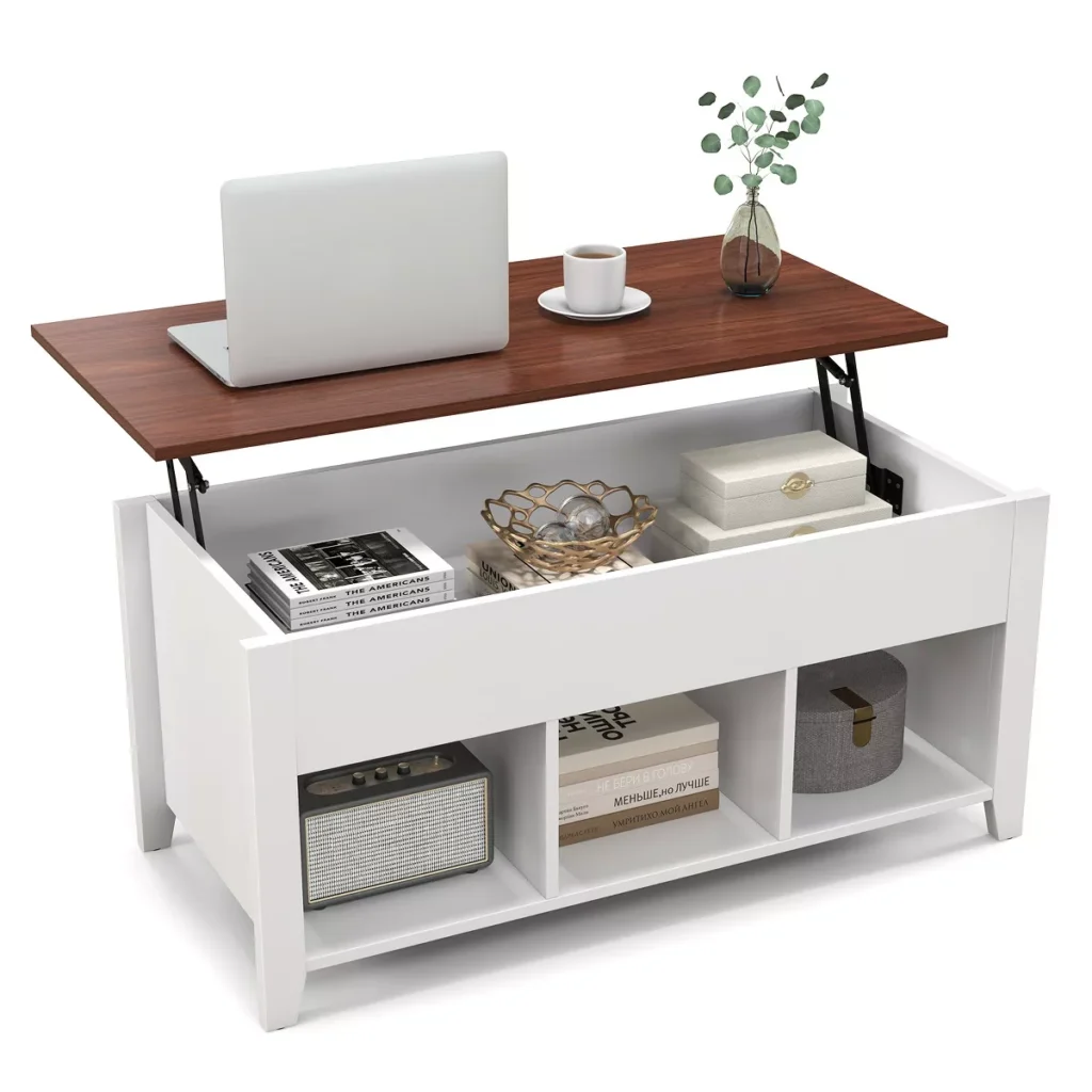 Lift top coffee table with hidden storage, shelving, wood table, white base